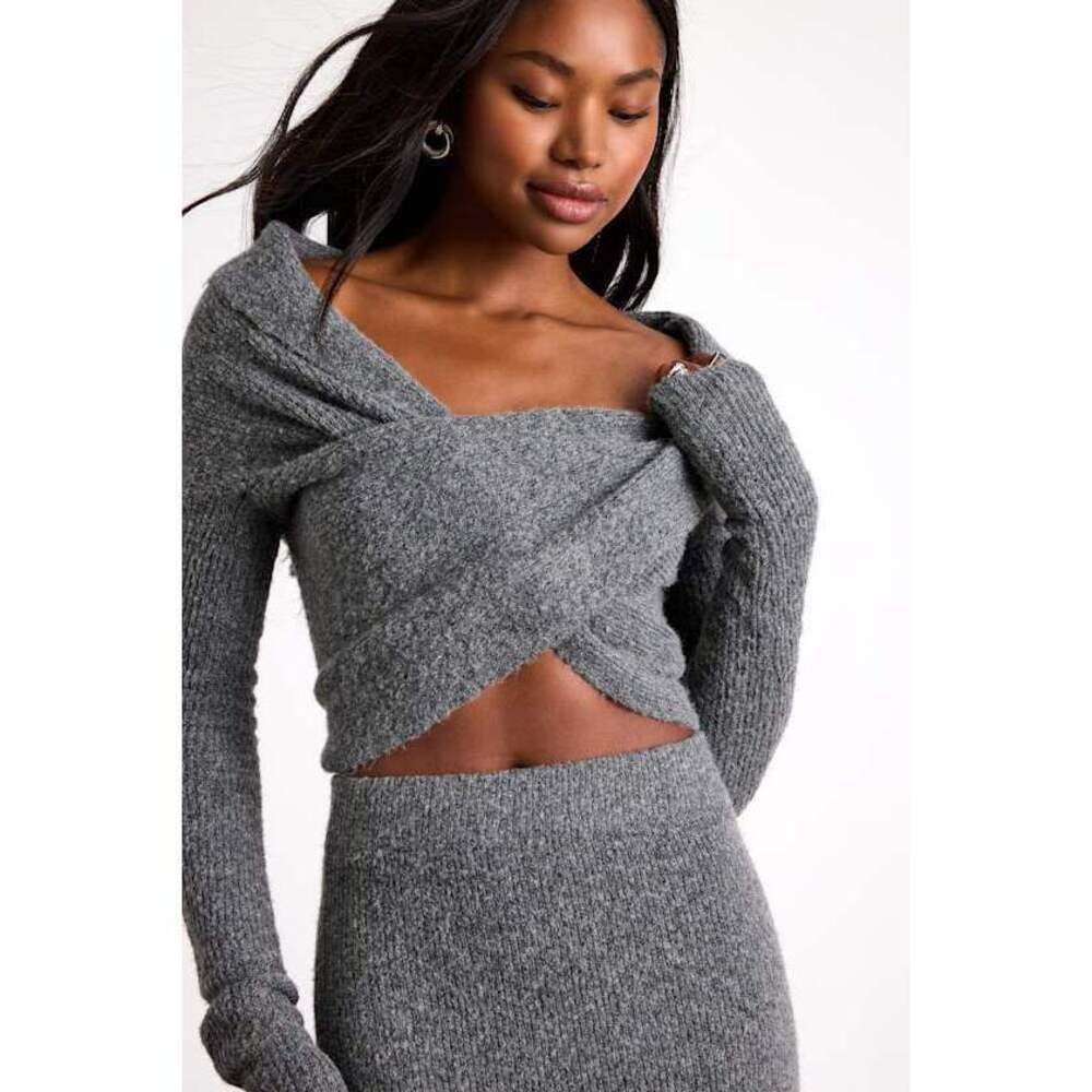 Lulus Alfina Grey Knit Cross-front Cropped Sweater Top - Size S